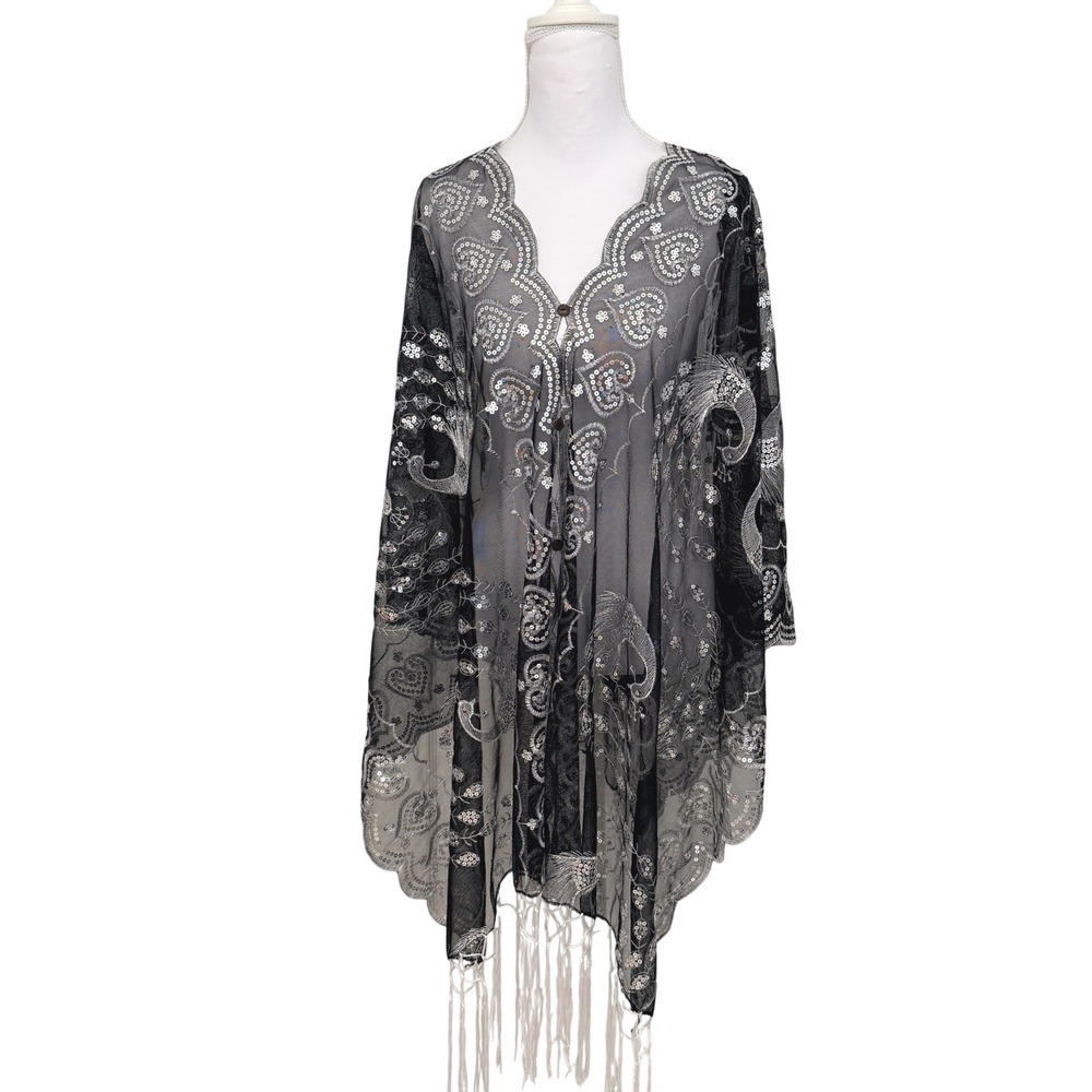 Sheer Sequin Peacock Poncho Women OS Black Silver Fringe Mesh Coverup Kimono